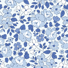 Hand drawn blue liberty floral. Seamless vector pattern. Tiny loose floral design on isolated background. Perfect for textile, wallpaper or nursery print design.