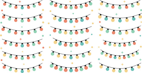 Fototapeta premium Seamless pattern of colorful festive string lights with hanging bulbs and sparkles in soft pastel flat vector illustration style