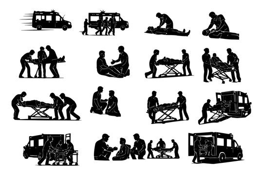 Emergency medical response: silhouettes of paramedics assisting patients and ambulance scenes.