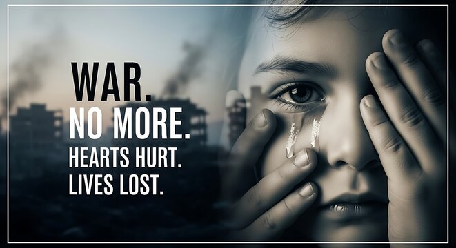 Close-up of a crying child's face with tears, juxtaposed against a background of war-torn city ruins and smoke, conveying devastation and loss.