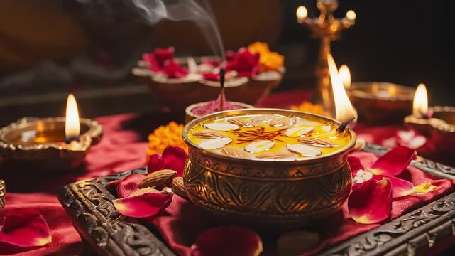 Traditional lit oil lamps and religious kheer offering surrounded by marigold petals for buddha purnima ceremony.