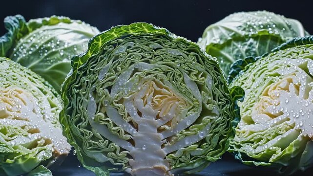 Fresh Cabbage Halved and Whole With Water Droplets on Dark Background
