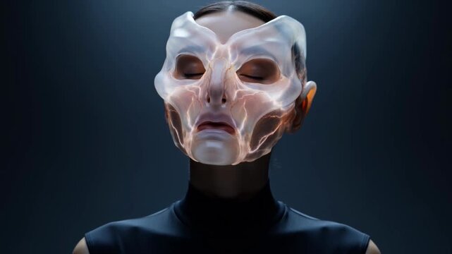 Futuristic portrait of a woman wearing an advanced translucent facial mask, symbolizing digital identity, human augmentation, and the future of technology