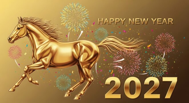 Golden horse celebrating the new year 2027 with fireworks illustration