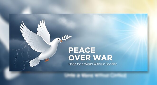 A white dove carrying an olive branch flies from stormy, lightning-filled skies towards bright sunlight, symbolizing peace over war and a world without conflict.