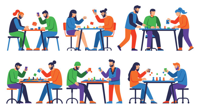 Friends and family playing board games and card games together in social settings
