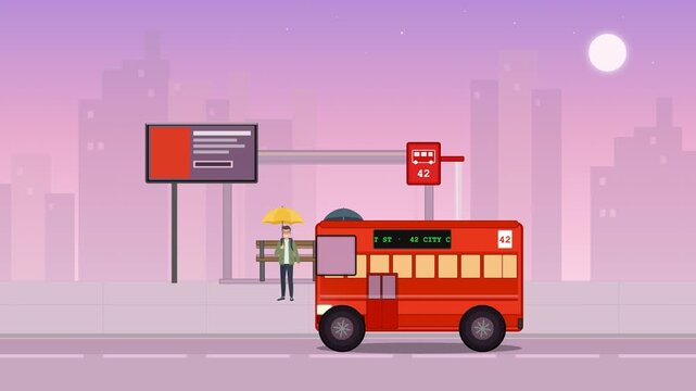 Minimal flat vector bus stop animation with cherry blossom tree and falling petals in calm urban environment. Spring season public transport scene ideal for lifestyle visuals, city background, travel 