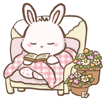 Cute bunny reading book on cozy armchair with blanket and flowers cottagecore reading nook illustration pastel bunny clipart for planners