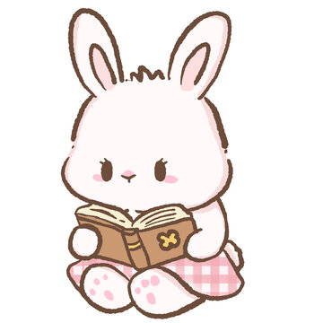 Cute bunny reading small book cozy bookish illustration pastel kawaii bunny clipart for planners stickers digital download