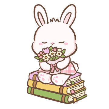 Cute bunny holding flower bouquet sitting on stacked books cottagecore bookish floral illustration pastel bunny clipart for stickers