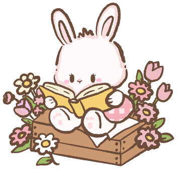 Cute bunny sitting in wooden crate reading book surrounded by flowers cottagecore garden bookish illustration pastel bunny clipart