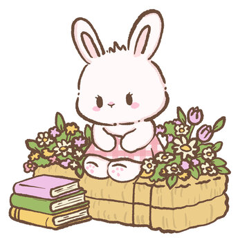 Cute bunny sitting on hay bale with flowers and book stack cottagecore farm bookish illustration pastel spring bunny clipart for stickers