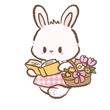 Cute bunny reading book while holding flower basket cottagecore bookish garden illustration pastel spring bunny clipart for planners stickers