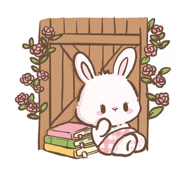 Cute bunny sitting in barn door with stacked books cottagecore farm bookish illustration pastel spring bunny clipart for stickers planners