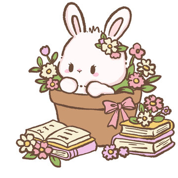 Cute bunny sitting inside flower pot surrounded by books and flowers cottagecore bookish garden illustration pastel bunny clipart for stickers