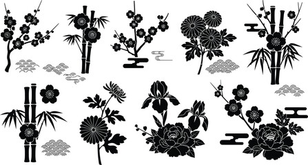 Collection of black silhouette Japanese floral and bamboo motifs with wave patterns plum blossom chrysanthemum © RJ - Creativity