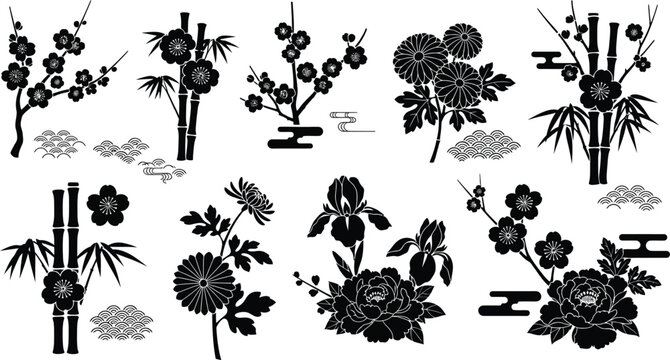Collection of black silhouette Japanese floral and bamboo motifs with wave patterns plum blossom chrysanthemum