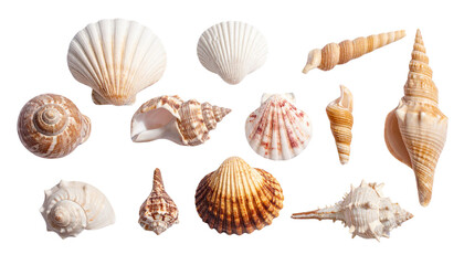 Fototapeta premium Seashell collection arranged aesthetically, isolated on transparent background, natural textures