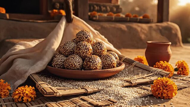 Authentic indian sweet ladoo balls on a rustic plate adorned with marigold flowers for festive celebrations.