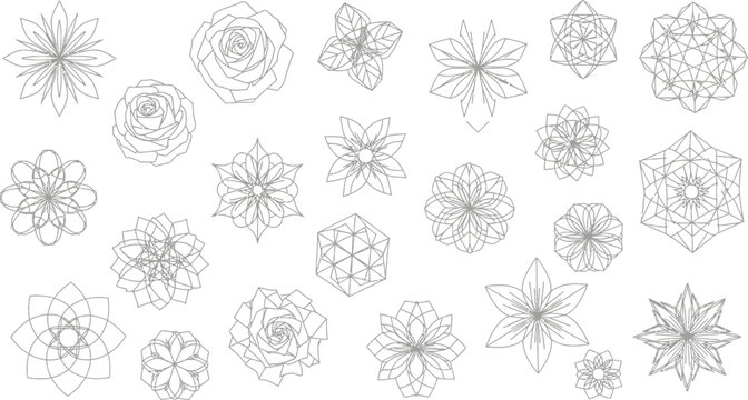 Collection of grey line floral and geometric mandala style line grey outline