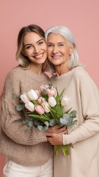 Young woman and elderly mother holding tulip bouquet while sharing a warm affectionate moment
