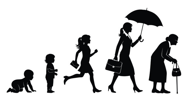 Black silhouette vector graphic illustrating the female lifespan progression from infancy to old age