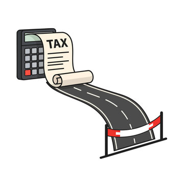 Conceptual vector illustration of a calculator with a long paper tax receipt unrolling and transforming into an asphalt road leading to a finish line on a plain white background.