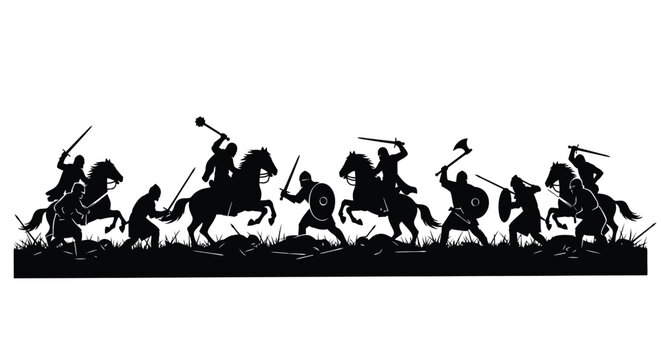 Silhouette vector illustration of ancient medieval warriors on horseback and foot fighting in intense battle design.