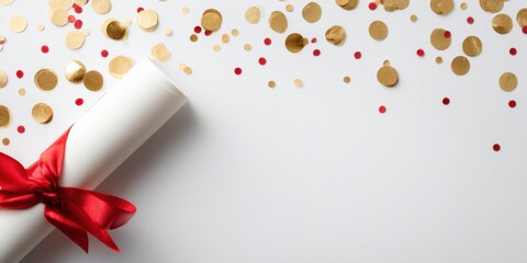 Fototapeta premium Rolled gift certificate tied with red ribbon surrounded by gold and red confetti for celebration