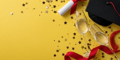Fototapeta premium Graduation celebration with diploma, mortarboard and champagne glasses on yellow background