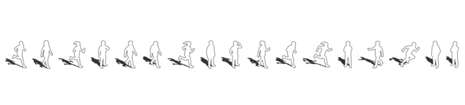 A collection of top view outline vector standing, walking and running people figures with gray shadows underneath, useful for realistic architectural plans. Overhead perspective illustration