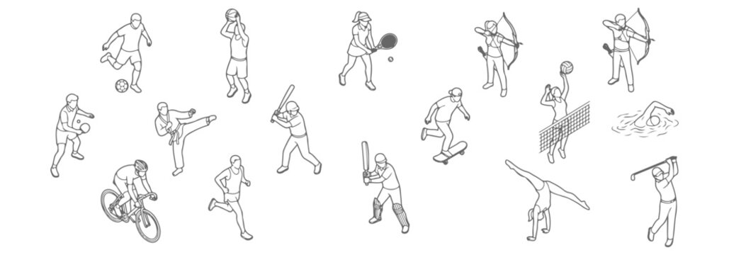 Top view sports people collection vector, athletes playing soccer tennis basketball volleyball cricket cycling running swimming and more, overhead perspective human figures