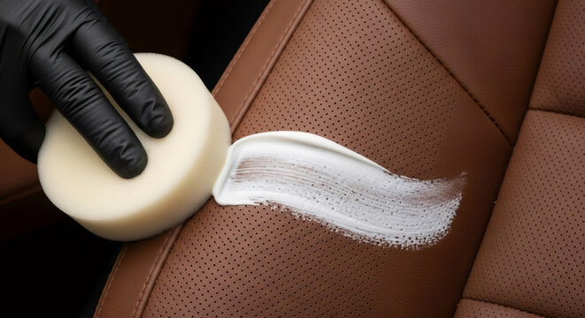 Hand in glove applying cleaning foam with sponge on car seat. Car detailing and leather interior maintenance. Professional auto care concept.