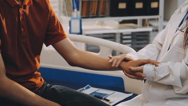 Doctor and patient closeup, holding hands and consultation support, healthcare services and sad news, test results or help. Clinic, medical professional or black people consulting, helping and advice