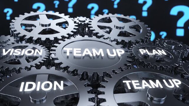 Interconnected metallic gears labeled with teamwork words, surrounded by blue question marks, symbolizing collaboration, vision, planning, and problem-solving in a creative brainstorming context.