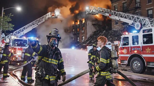 Firefighters battle a massive building fire at night, with flames and smoke engulfing the structure and emergency vehicles on scene.