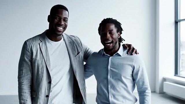 Two Smiling Black Men in Business Attire Walking Together and Laughing