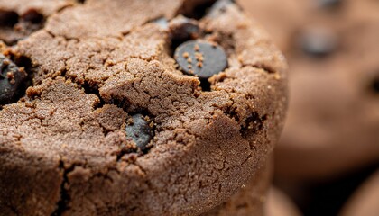 Fototapeta premium Close-up view of a delicious chocolate chip cookie with a rich brown texture and visible chocolate pieces.