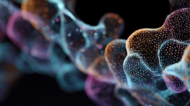 Ethereal dna double helix structure evolves with glowing particles on black background