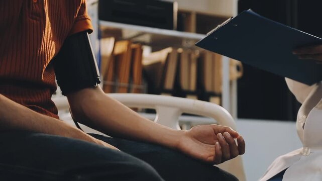 Female doctor measuring blood pressure of male patient in hospital