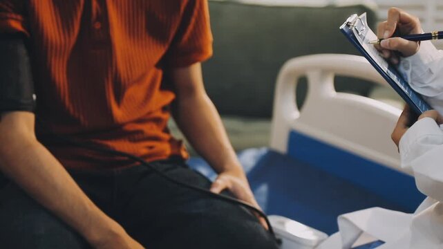Female doctor measuring blood pressure of male patient in hospital