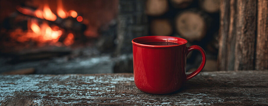 Red mug on weathered wood, candlelight + fireplace glow blended warmly 32k ultra HD