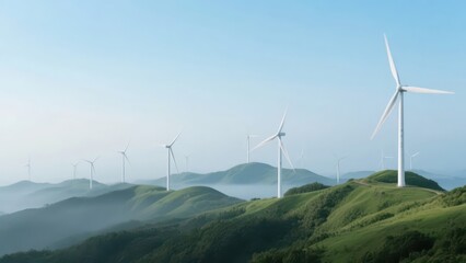 Obraz premium Wind turbine clusters stand among green mountains shrouded in morning mist, with clear sky blending into greenery, presenting a fresh and tranquil clean energy landscape, making it a material image su