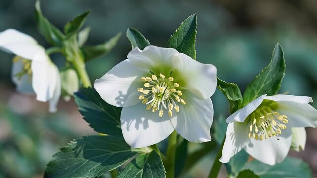 Close-Up of Delicate White Hellebore Flowers Blooming in a Garden