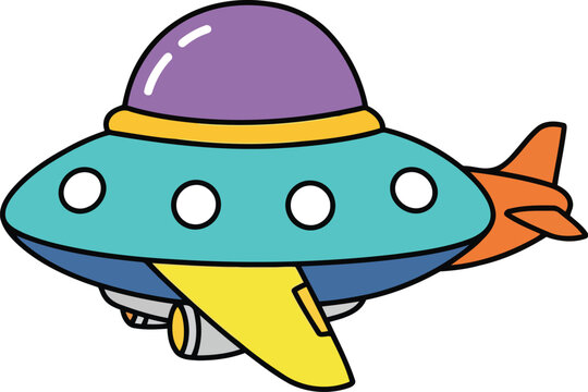 Colorful cartoon UFO spaceship illustration for kids, playful alien spacecraft clipart, isolated vector art