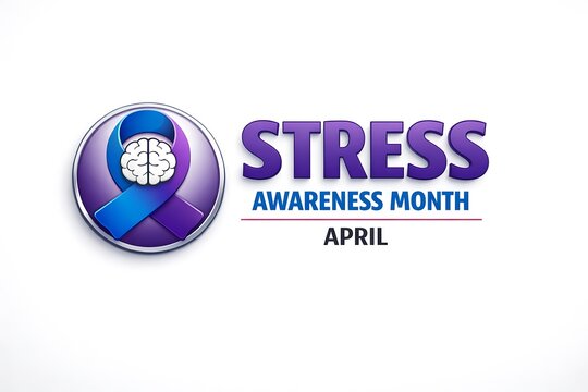Stress Awareness Month logo with purple and blue ribbon