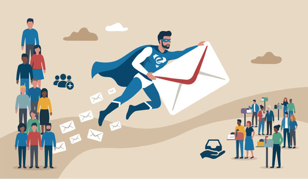 Email the of we this for is communication,to marketing campaign from subscription, sending message or information concept, businessman superhero carrying big email envelope flying to recipient address