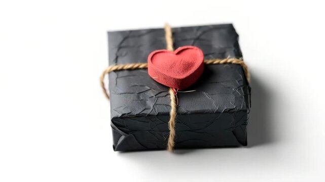 A gift box is placed on a plain surface. The box is wrapped in black paper and tied with twine. A red heart made of clay sits on top. The simple design highlights the wrapping and decoration
