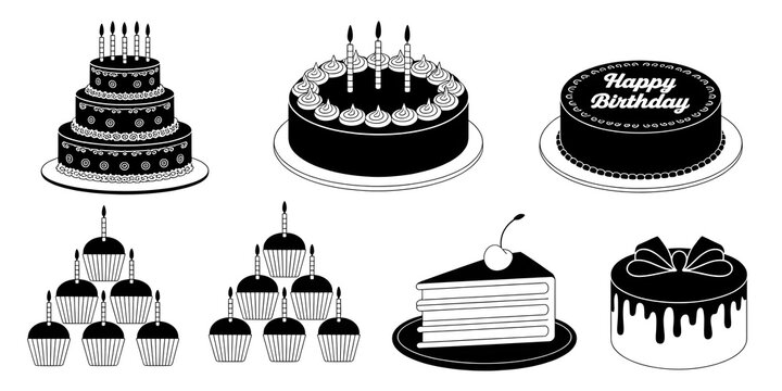 black and white illustration of various birthday cakes and cupcakes