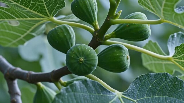 Close-Up of Green Figs Growing on a Tree Branch With Water Droplets